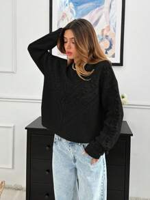 EURMUSE Women's Asymmetric And Pon Pon Knit Pattern Detailed Sweater - Black - View 4