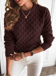 Chiquease Suéter de cuello redondo de unicolor y textura minimalista casual, jersey de punto de otoño/invierno - Café integral - Ver 1