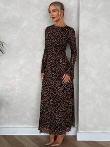 Firerie Women's Elegant Sexy Resort Casual Minimalist Party Leopard Print Mesh Flare Sleeve A-Line Long Dress, Suitable For Summer & Autumn
