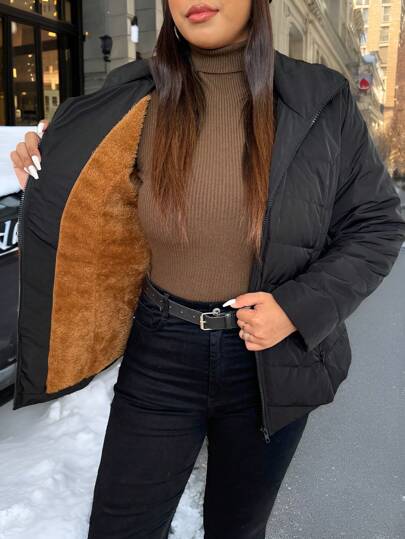 SHEIN EZwear Plus Size Avtagbar Slim Fit Black Hooded Down & Feathers Jacka med termofodrad