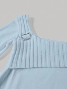 SHEIN EZwear 女士优雅纯色不对称领口扣饰修身套头衫 - 淺藍色 - 查看 4