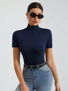 SHEIN Tall Women's Solid Color Basic Black Turtleneck Short-Sleeved T-Shirt - Navy Blue - View 4