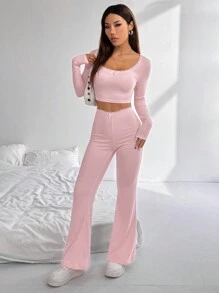 SHEIN Unity 2 件套女士蝴蝶结装饰长袖上衣和裤子，休闲 - 粉色 - 查看 4