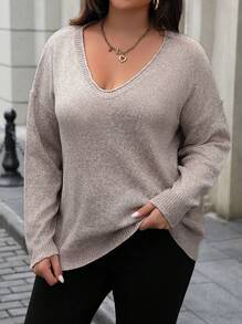 SHEIN LUNE Plus Size Pullover Sweater, For Winter Knit Pullover Fall - Khaki - View 5