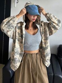 DAZY Women Autumn Drop Shoulder Long Sleeve Single-Breasted Casual Camo Hooded Denim Shirt,Fall Women Clothes Graphic Tee - Multicolor - View 2