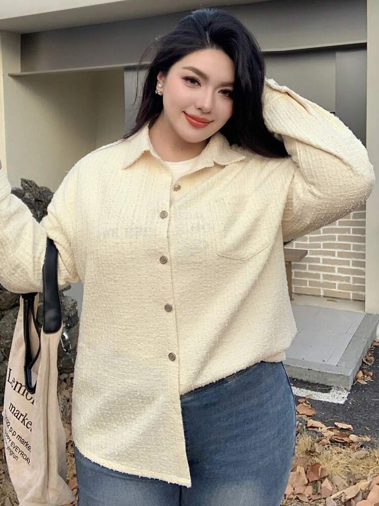 Dazy Plus Blusa de tela texturizada de unicolor con ajuste holgado, ropa de mujer de otoño con manga larga
