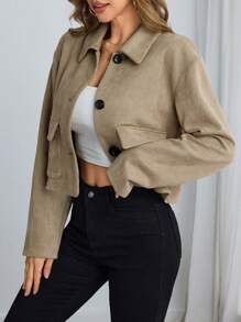 Muchica Casual Plain Woven Turndown Collar Long Sleeve Loose Women Jacket - Khaki - View 1