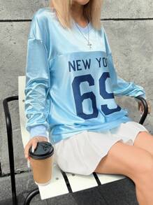 INAWLY Women Casual Letter & Number Print Long Sleeve T-Shirt, Autumn - Blue - View 5