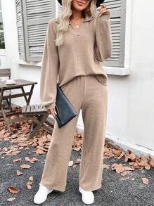 SHEIN LUNE 2 件套女士冬季新款杏色基本款保暖家居服套装，马球领长裤棕色休闲套装冬季套装女士服装冬季 - 杏色 - 查看 6