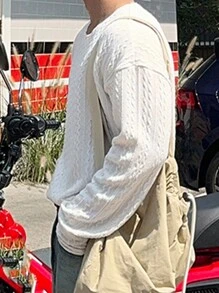 DAZY 男士纯色圆领长袖休闲宽松T恤，秋季 - 白色 - 查看 2