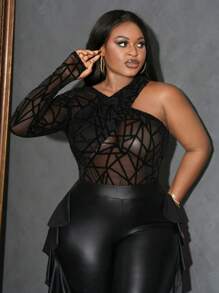 Slaydiva 大码女式性感优雅网眼植绒镂空褶皱修身衬衫