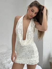 Aloruh 女式吊带露背垂坠领吊带上衣和闪光迷你裙性感两件套派对装 - 白色 - 查看 1