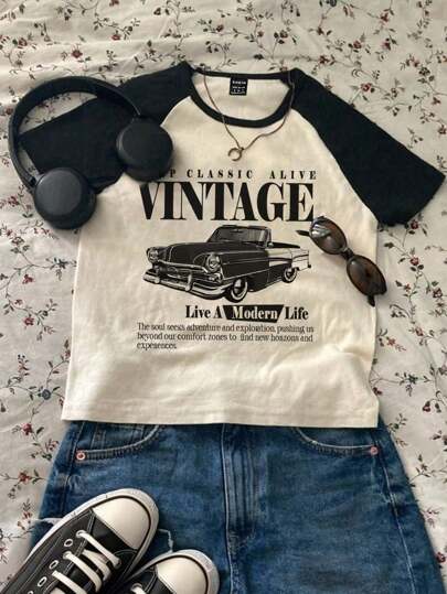 SHEIN Retro Racing Car Graphic Teen Girls Casual Pullover Short Sleeve T-Shirt, Summer