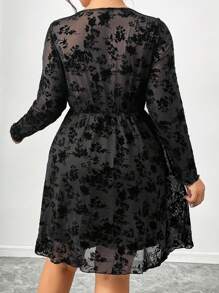 SHEIN Frenchy Plus Size Women Black Flocked Mesh See-Through A-Line Dress, Front Tie And Asymmetric Design, Funnel Neck - Black - View 3