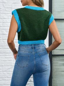 SHEIN EZwear Women Solid Color V-Neck Decoration Patchwork Casual Knit Vest - Multicolor - View 2
