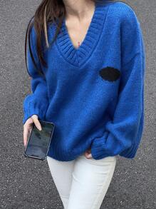 INAWLY 女士休闲宽松V领落肩毛衣，适合秋冬季针织套头衫 - 藍色 - 查看 1