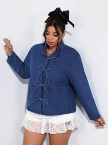 SHEIN ICON Áo khoác denim tay dài buộc nơ màu trơn cỡ lớn cho nữ dịp Giáng sinh Lễ Tạ ơn có túi và nơ trang trí - Màu xanh lam - Xem 3