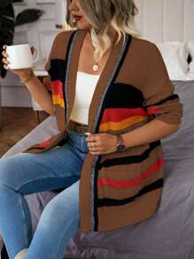 Calvaya Plus Size Women Striped Drop Shoulder Long Sleeve Pocket Casual Cardigan, Autumn/Winter