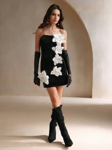 Anewsta 1 Stück elegantes Bodycon-Kleid der Frauen mit 3D-Blumenmuster, Sommer-Urlaubsparty-Kleidung, Samtoutfit für Frauen - Schwarz - Übersicht 3
