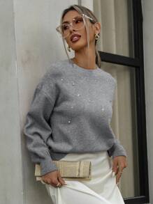 GENKIRA 圆领设计串珠针织套头衫 - 灰色 - 查看 6