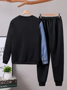 SHEIN 2 件 Tween Boy 休闲时尚牛仔拼布连帽衫和工装裤套装，适合秋冬季日常穿着 - 彩色 - 查看 2