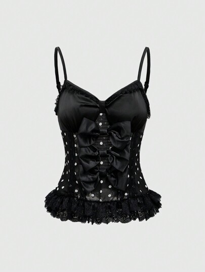 Kawaii Princess Style Large Bow Decor Polka Dot Lace Trim Camisole