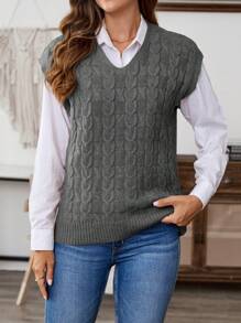 EMERY ROSE Women's V-Neck Solid Color Cable Knit Sweater Vest, Casual For Autumn/Winter