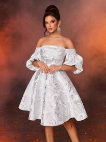 SHEIN Belle Thanh lịch và lộng lẫy bằng vải satin jacquard bạc một bên vai dài tay viền chữ A phù hợp cho tiệc độc thân buổi tối, tiệc vũ hội, váy bán trang trọng, cho sinh nhật, khách dự tiệc cưới, tiệc tốt nghiệp - Bạc - Xem 5