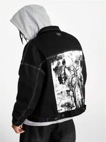 Manfinity VCAY Men's Loose Woven Long Sleeve Jacket & Outerwear, Going Out Graphic Jacket, For Friends, Husband, Boyfriend Gifts - Black - View 3