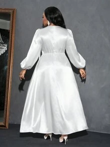 Slaydiva 优雅纯白色泡泡袖不对称流苏拼接 A 字裙，女士长款礼服，加大码，春秋季 - 白色 - 查看 2