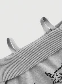 ROMWE Goth Suéter holgado con abertura en los hombros y patrón jacquard de gatos en talla grande en color gris
