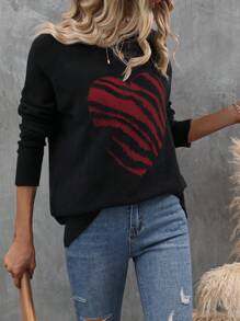 SHEIN LUNE 心形条纹图案长袖复古休闲女式毛衣，秋冬 - 彩色 - 查看 5