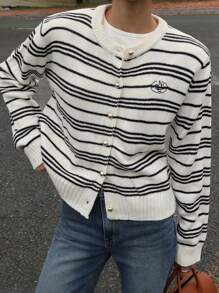 DAZY 1pc Women Loose Fit Round Neck Long Sleeve Cardigan With Letter Embroidery & Contrast Color,Fall Women Clothes