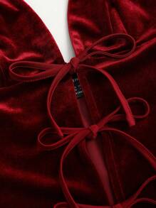 Sweetra 圣诞红色性感蝴蝶结露背复古柔软天鹅绒优雅百搭女式吊带背心 Y2K 圣诞节派对 - 酒紅色 - 查看 3