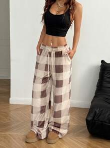 Coolane Women's Casual Front Tie Plaid Pocket Trousers - Multicolor - View 5