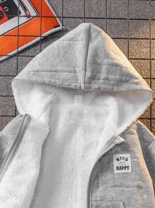 SHEIN 1 件年轻男孩休闲校园风格宽松图案连帽衫，适合秋冬季、居家、街头和学校 - 灰色 - 查看 4