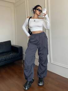 Flirla 大码女式休闲街头装美式开叉设计直腿工装裤，适合返校和日常穿着 - 灰色 - 查看 6