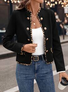 Ellevyn 1pc Women Leopard Print Contrast Color Trim Double-Breasted Long Sleeve Jacket In Fall/Winter - Black - View 5