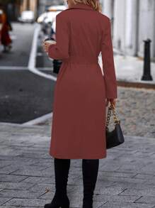 Chiquease 1pc Women Plain Front Button Long Sleeve Casual Fitted Trench Coat - Redwood - View 2