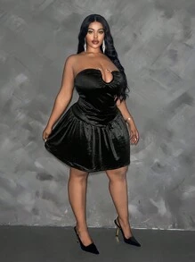 Maweii Plus Size Women Black Tight Knit Off Shoulder Plunge Neckline Mini Dress - Black - View 4