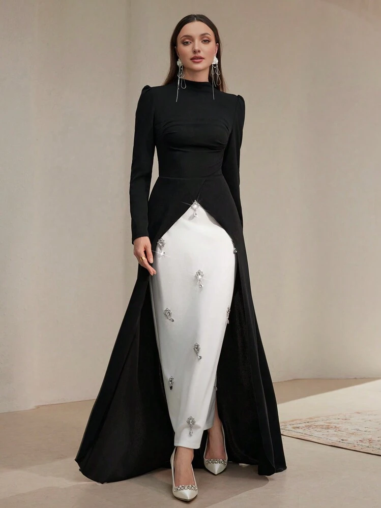 Modelyn Women's Elegant Color Block High Slit Rhinestone Detail Dress Long Evening Dresses - Black and White - View 6