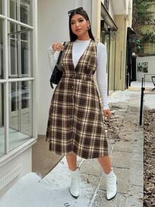 SHEIN Franclia Plus Size Retro Diepe V-hals Geruite Tweed Pinafore Jurk
