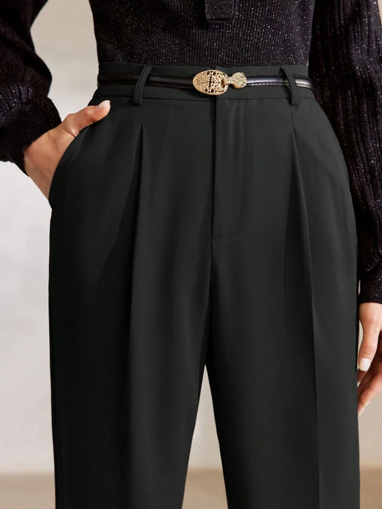 SOLID SLANT POCKET SEAM FRONT TAPERED PANTS WITHOUT BELT