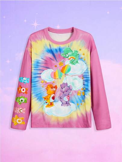 ROMWE X Care Bears Cute Cartoon Bear And Tie Dye Printed Drop Shoulder Oversized Long Sleeve T-Shirt