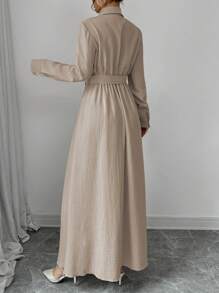 Elenzga 女士纯色衬衫领前扣 A 字长袖休闲连衣裙