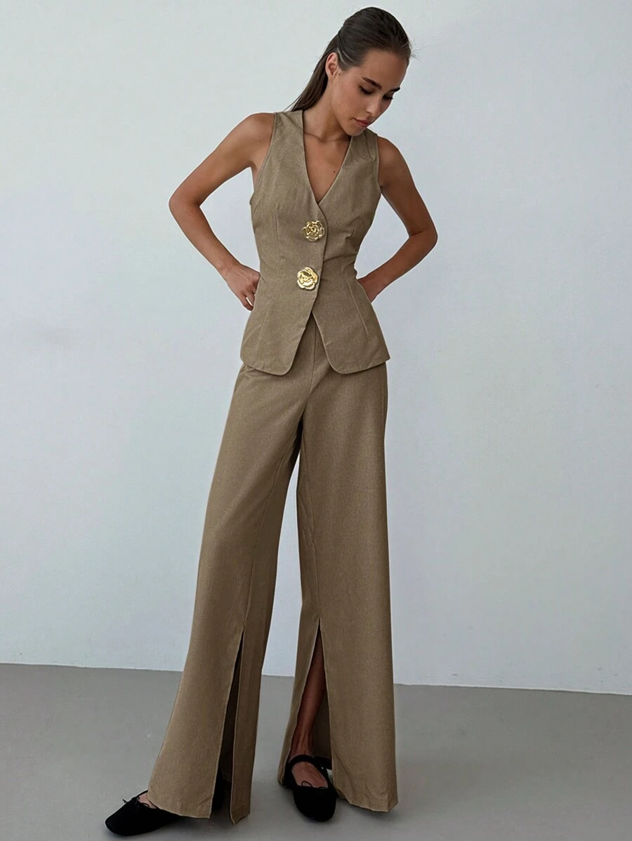 Aloruh 女士两件套西装，休闲办公室通勤商务正装背心和裤子套装，秋冬新品 - 卡其色 - 查看 1