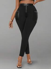 Maweii Plus Size Women Solid Color High Waisted Contrast Color Faux Leather Leggings - Black - View 5