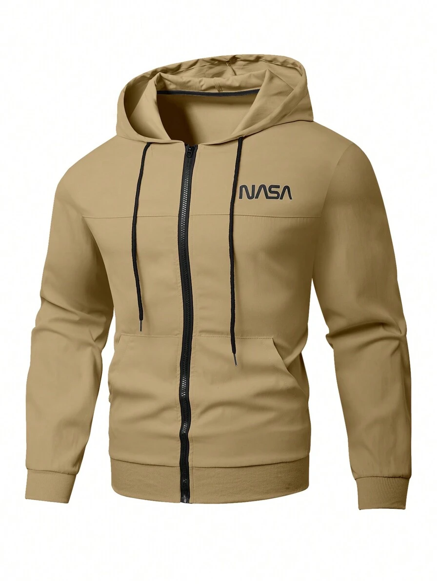 Manfinity Homme Plus Size Men's Hooded Zipper Pocket Long Sleeve Jacket Outwear - Khaki - View 1