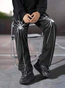 Manfinity EMRG Heren Casual Spinnenprint Trekkoord Taille Schuine Zak Losse Rechte Broek, Uitgaan Horror Lange Kleurblok Broek, Voor Echtgenoot, Vriendje Cadeaus