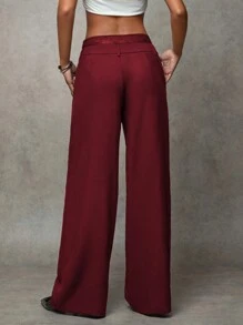 SHEIN BAE Pantalones anchos de cintura baja sueltos con bolsillo, parche de encaje retro, doble cinturilla, aptos para el invierno/otoño, de uso casual/moda al aire libre/versátil casual para mujer, en color negro liso